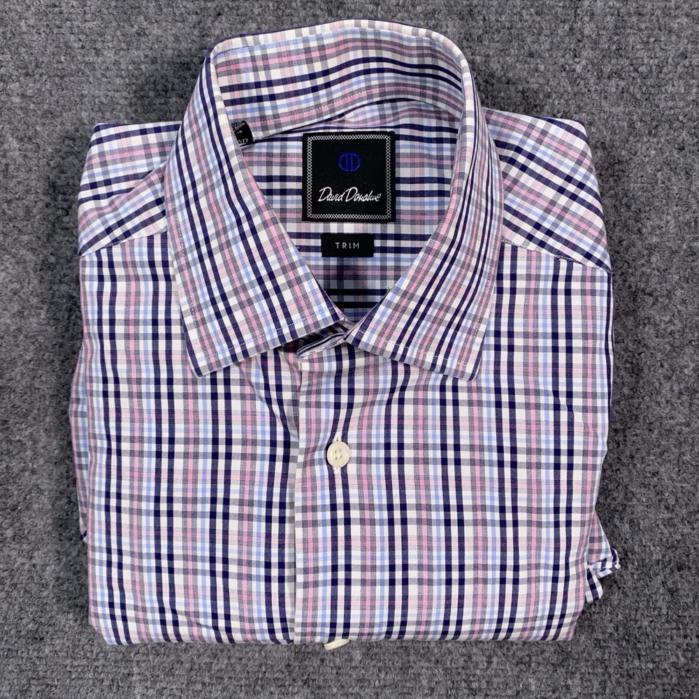 David Donahue Trim Fit Check Luxury Non-Iron Dress Shirt Mens 15 32/33 (S/M) - Picture 9 of 10